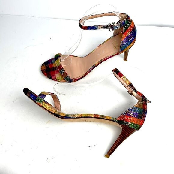 STUART WEITZMAN Metallic Rainbow Plaid Leather Ankle Strap Nunaked Sandals 9,5 - Picture 4 of 15